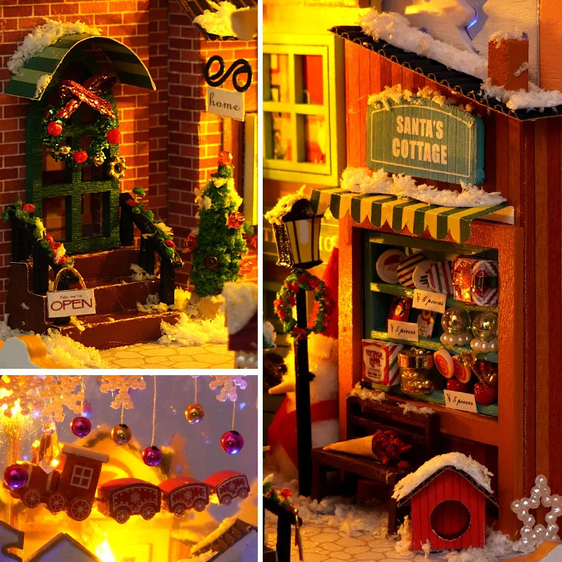 The Christmas Village from the side, slotted in like a bookend