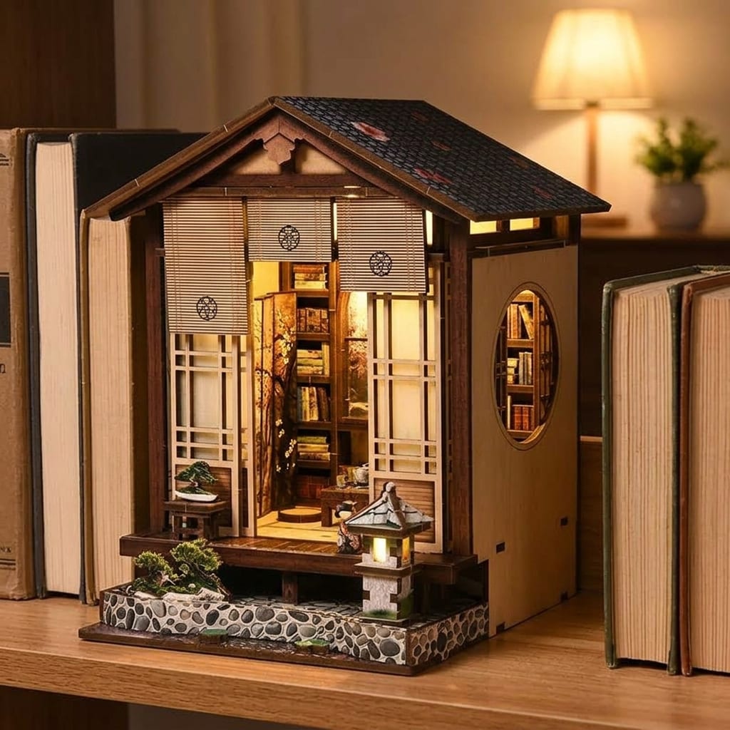 The Moss Garden Veranda glowing between books on a shelf